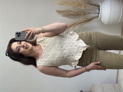 Dantel Örgü Crop Bluz-Ekru