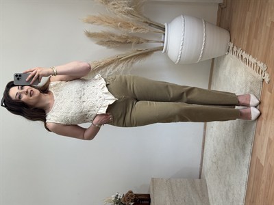 Dantel Örgü Crop Bluz-Ekru