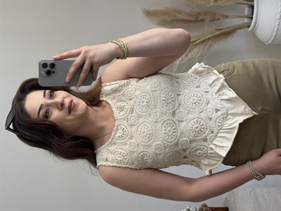Dantel Örgü Crop Bluz-Ekru