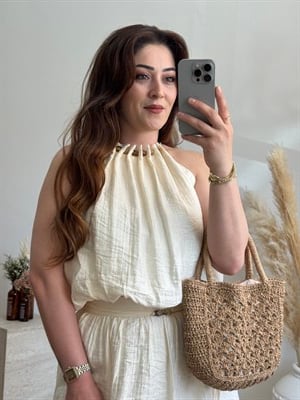 Doğal Dokulu Halter Yaka Bluz-Ekru