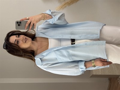 Düşük Omuz Oversize Gömlek- Bebe Mavi