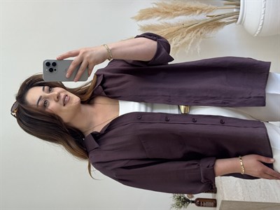 Düşük Omuz Oversize Gömlek-Mürdüm