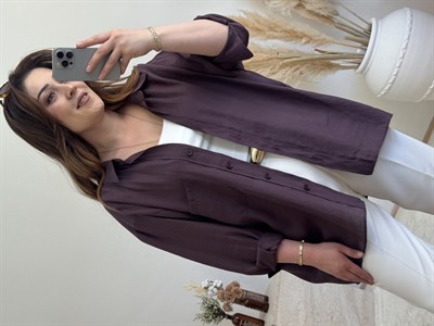 Düşük Omuz Oversize Gömlek-Mürdüm
