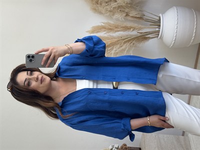 Düşük Omuz Oversize Gömlek-Saks Mavi