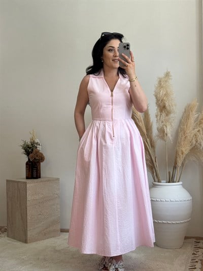Fermuar Detaylı Midi Elbise-Pembe