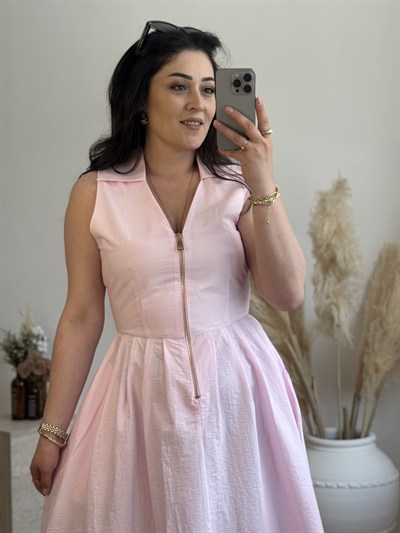 Fermuar Detaylı Midi Elbise-Pembe
