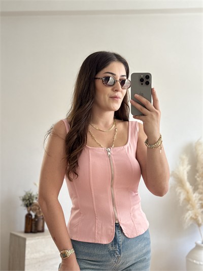 Fermuarlı Büstiyer-Pembe