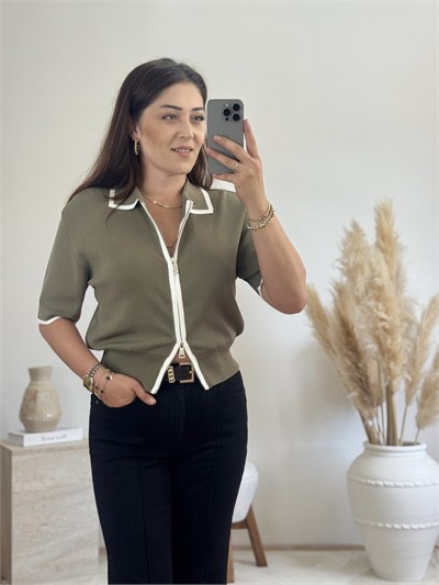 Fermuarlı Polo Yaka Triko-Haki