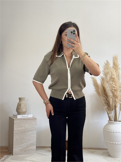 Fermuarlı Polo Yaka Triko-Haki