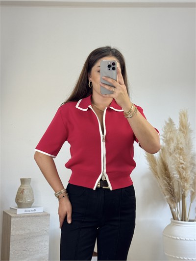 Fermuarlı Polo Yaka Triko-Kırmızı