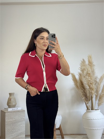 Fermuarlı Polo Yaka Triko-Kırmızı