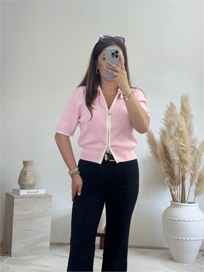 Fermuarlı Polo Yaka Triko-Pembe