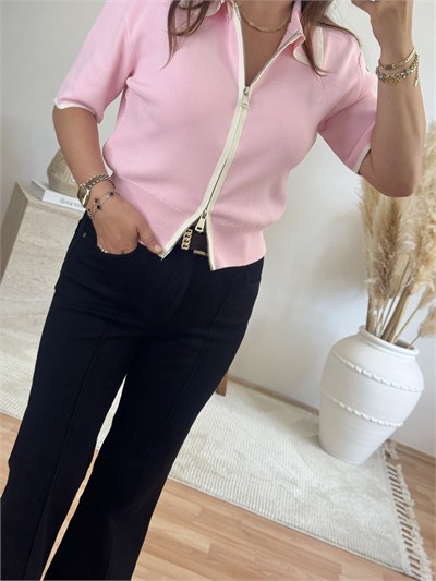 Fermuarlı Polo Yaka Triko-Pembe