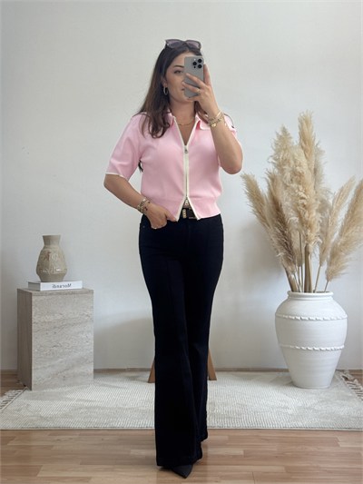 Fermuarlı Polo Yaka Triko-Pembe