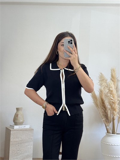 Fermuarlı Polo Yaka Triko-Siyah