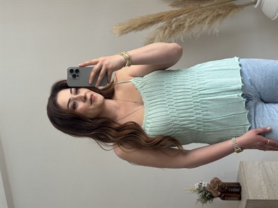 Fitilli Askılı Triko Bluz-Mint 