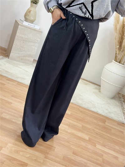 Fular Bağlamalı Bol Paça Pantolon-Antrasit