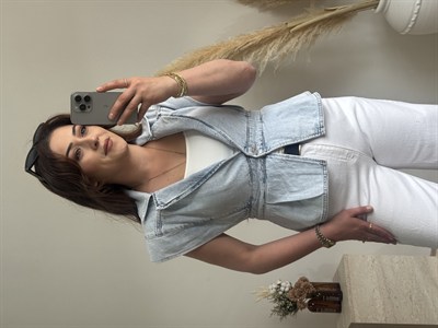 Kar Yıkama Denim Yelek Açık Mavi