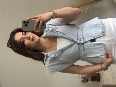 Kar Yıkama Denim Yelek Açık Mavi