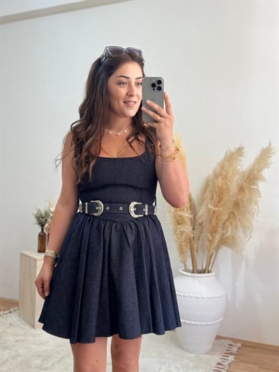 Kemer Detaylı Kloş Mini Elbise- Jean Mavisi