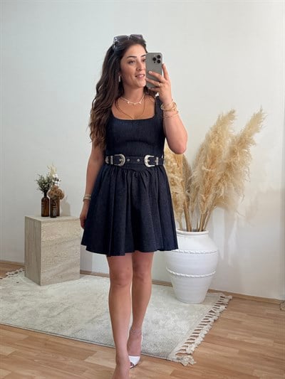 Kemer Detaylı Kloş Mini Elbise- Jean Mavisi