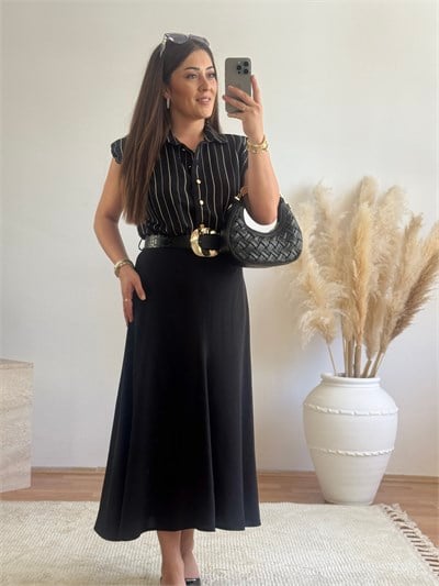 Kemerli Çizgili Midi Elbise