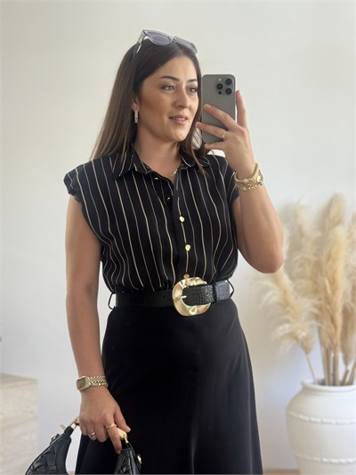 Kemerli Çizgili Midi Elbise