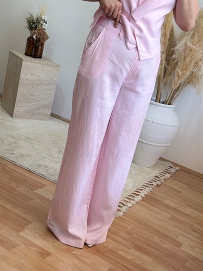Kendinden Gömlek Detaylı Keten Görünümlü Yelek Pantolon Takım-Pembe