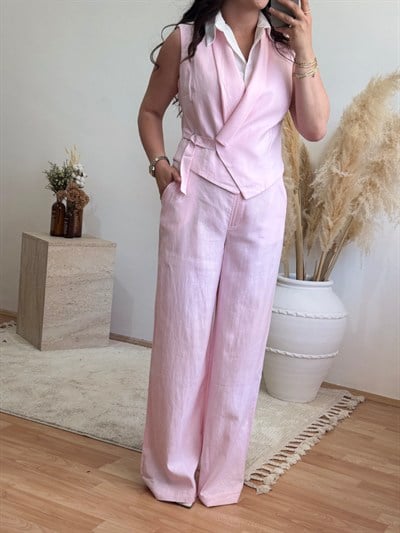 Kendinden Gömlek Detaylı Keten Görünümlü Yelek Pantolon Takım-Pembe