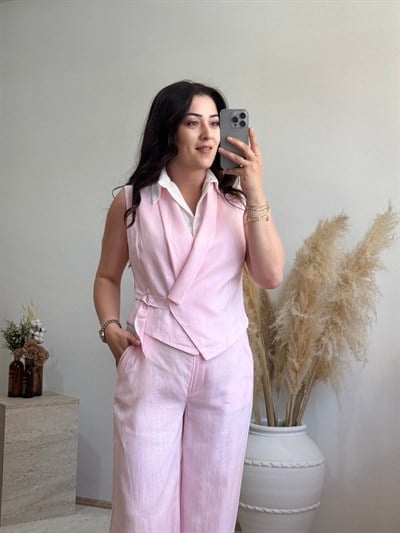 Kendinden Gömlek Detaylı Keten Görünümlü Yelek Pantolon Takım-Pembe