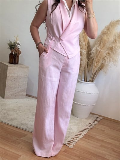 Kendinden Gömlek Detaylı Keten Görünümlü Yelek Pantolon Takım-Pembe