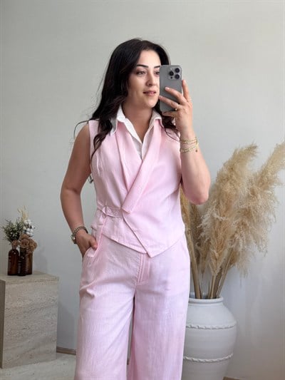Kendinden Gömlek Detaylı Keten Görünümlü Yelek Pantolon Takım-Pembe