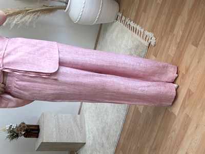 Keten Görünümlü Yelek Pantolon Takım-Pembe