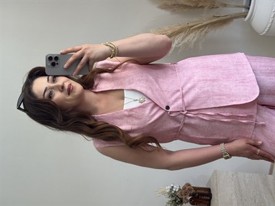 Keten Görünümlü Yelek Pantolon Takım-Pembe