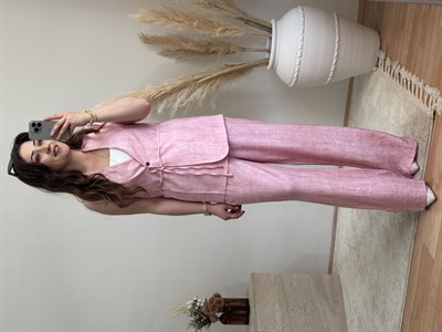 Keten Görünümlü Yelek Pantolon Takım-Pembe