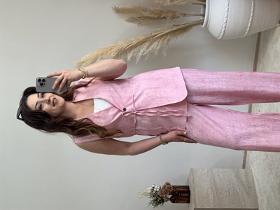 Keten Görünümlü Yelek Pantolon Takım-Pembe