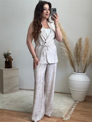 Keten Görünümlü Yelek Pantolon Takım-Taş