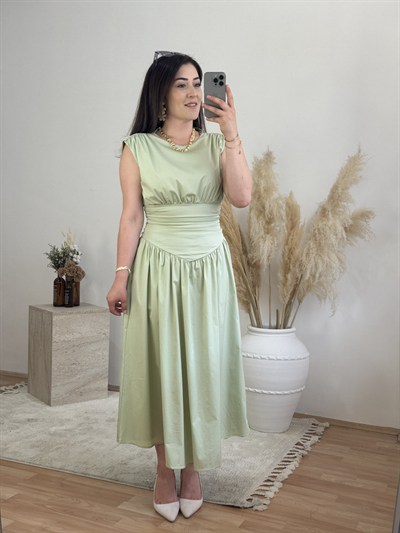 Korsaj Detaylı Midi Elbise-Mint Yeşili