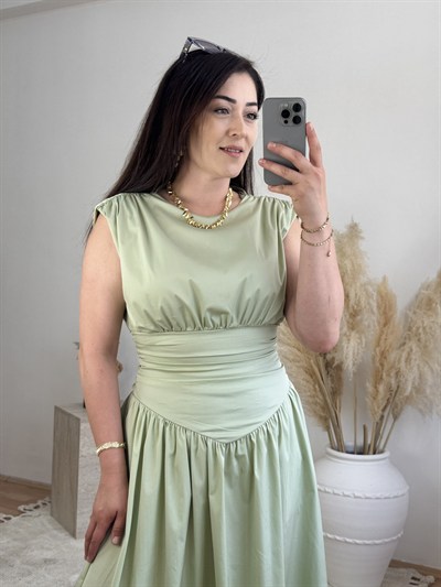 Korsaj Detaylı Midi Elbise-Mint Yeşili