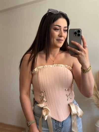 Korse Detaylı Bağlamalı Büstiyer-Pembe