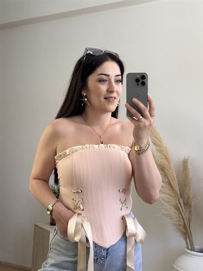 Korse Detaylı Bağlamalı Büstiyer-Pembe