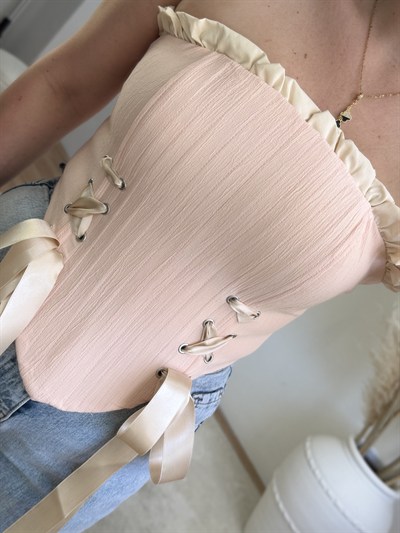 Korse Detaylı Bağlamalı Büstiyer-Pembe