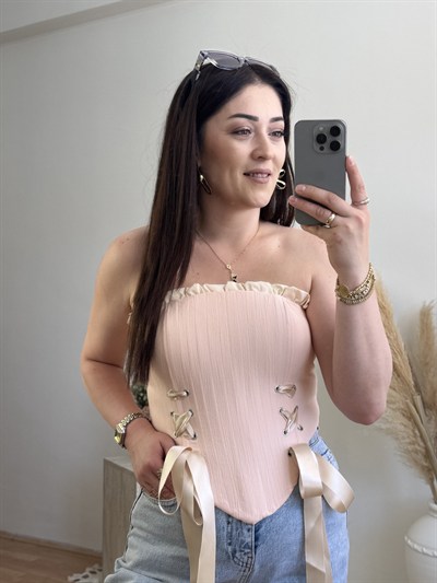 Korse Detaylı Bağlamalı Büstiyer-Pembe