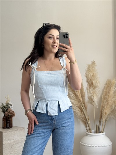 Korse Detaylı Poplin Bluz-Mavi