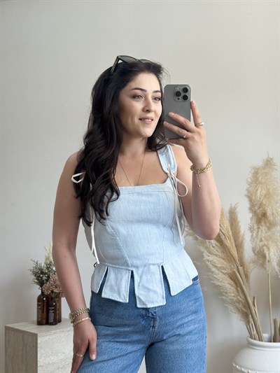 Korse Detaylı Poplin Bluz-Mavi