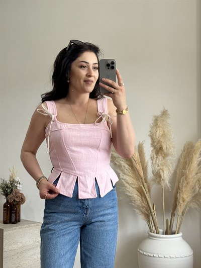 Korse Detaylı Poplin Bluz-Pembe