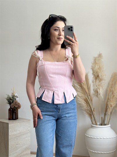 Korse Detaylı Poplin Bluz-Pembe