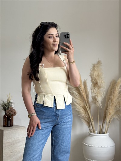 Korse Detaylı Poplin Bluz-Sarı