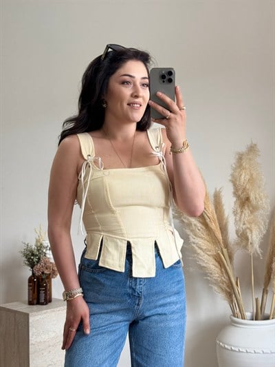Korse Detaylı Poplin Bluz-Sarı
