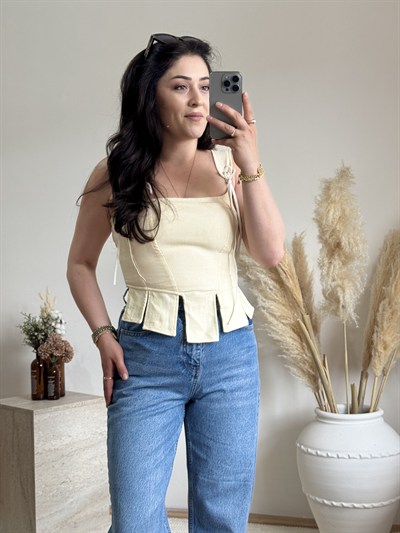 Korse Detaylı Poplin Bluz-Sarı